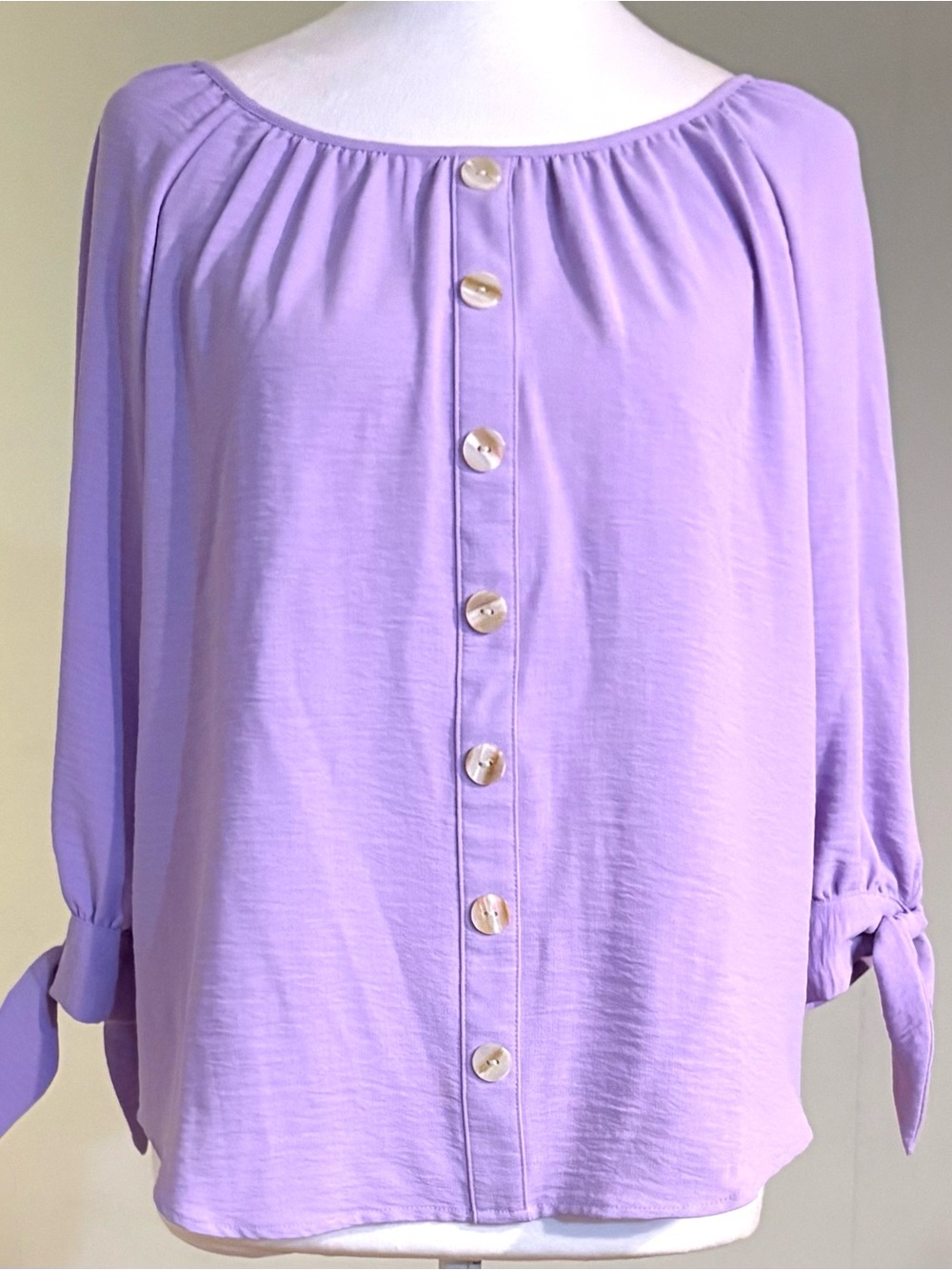 I.N. Studio Lavender Tie Cuff Blouse, Lightweight Button Front, Petite Small